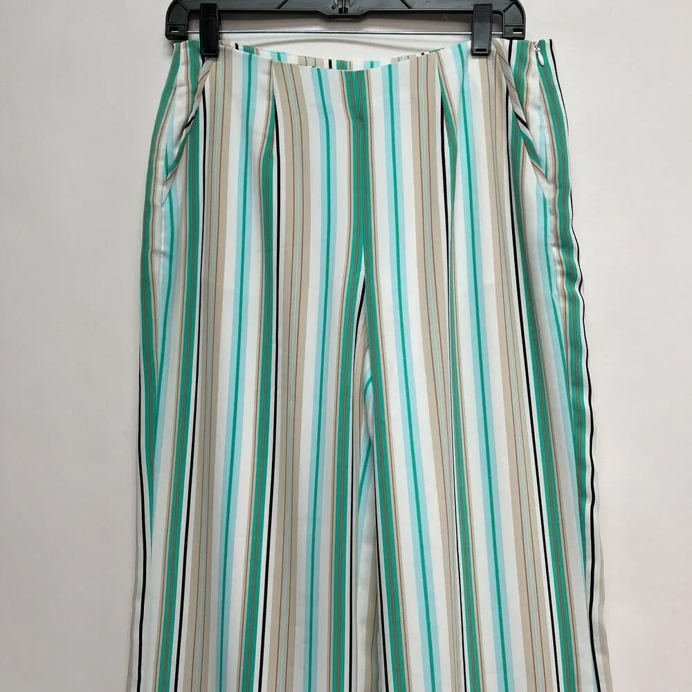 Chico's Black Label Pants Size 0 Regular Small 4 White Green Beige Striped Lined